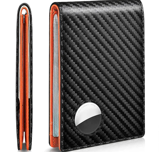 Rfid Carbon Fiber Leather Men Wallet with AirTag Holder for Credit Cards Black Luxury Purse