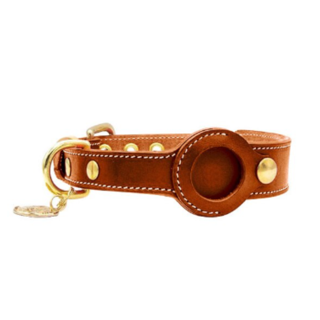 Luxury Genuine Leather Airtags Pet Collar- Brown