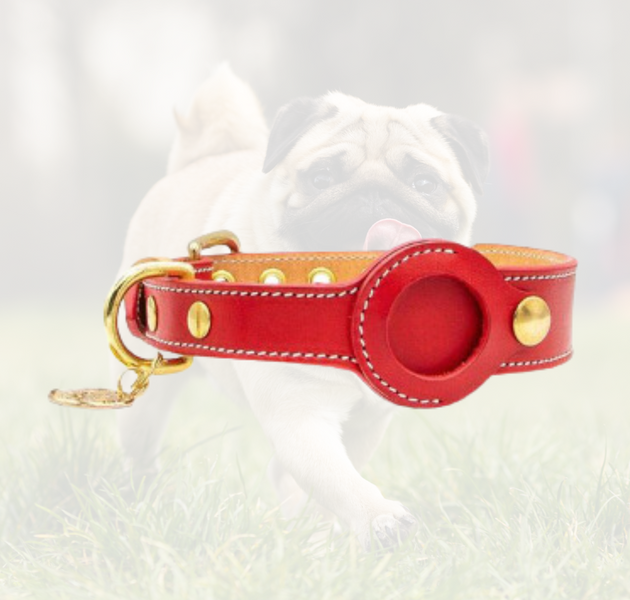 Luxury Genuine Leather Airtags Pet Collar- Red