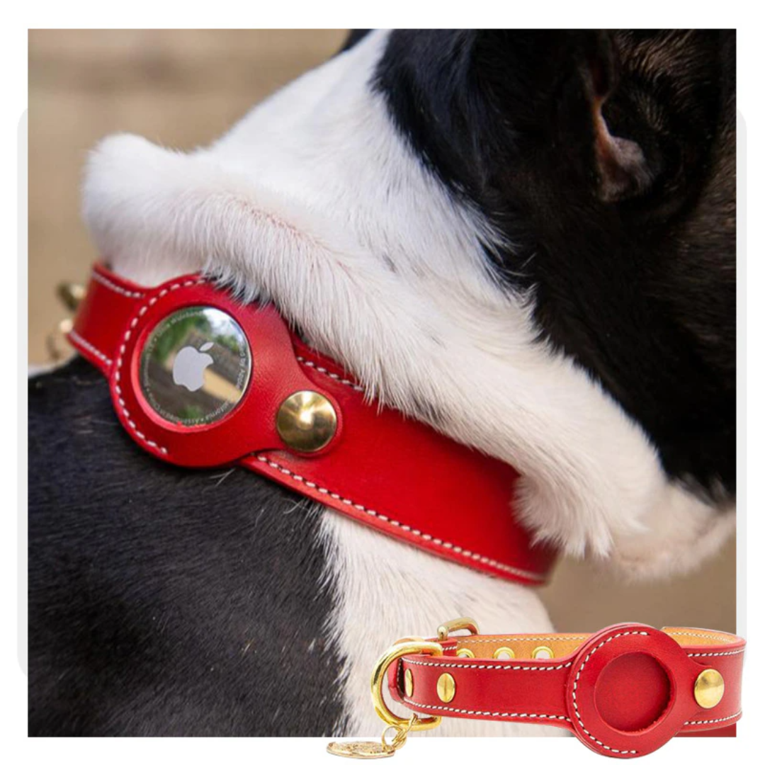 Luxury Genuine Leather Airtags Pet Collar- Red