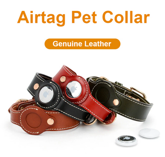 Luxury Genuine Leather Airtags Pet Collar- Black