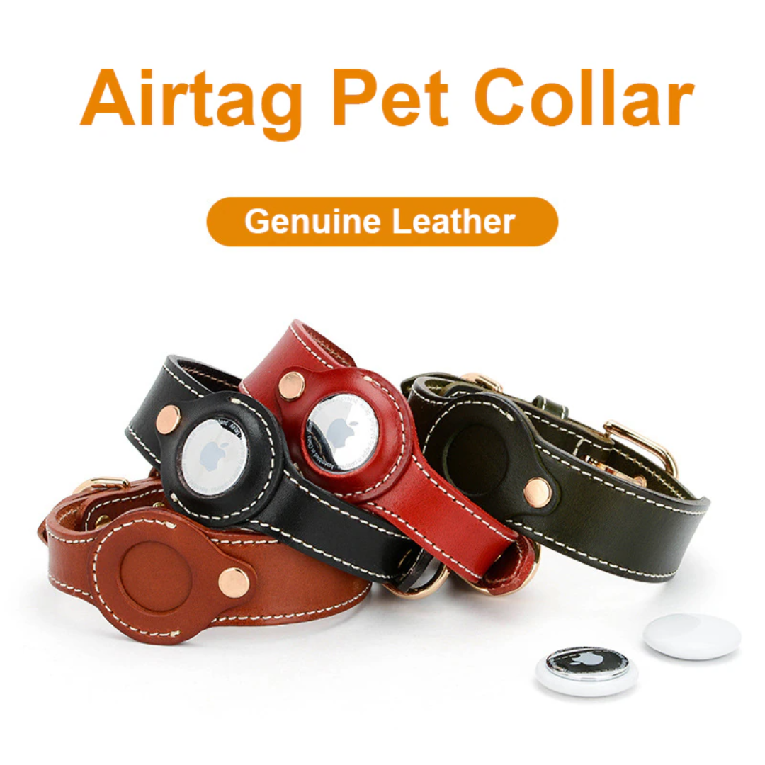 Luxury Genuine Leather Airtags Pet Collar- Brown